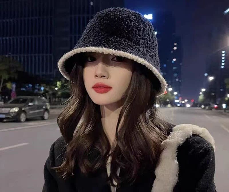 ハット もこもこニット素材バケットハット