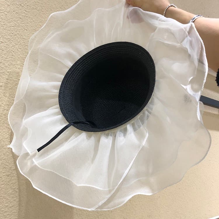 ハット 麦わら帽子 レース付き つば広 日焼け対策 熱中症予防