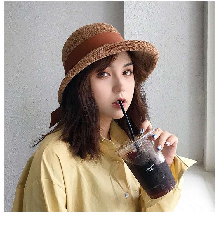 バケットハット リボン結び麦わら帽子